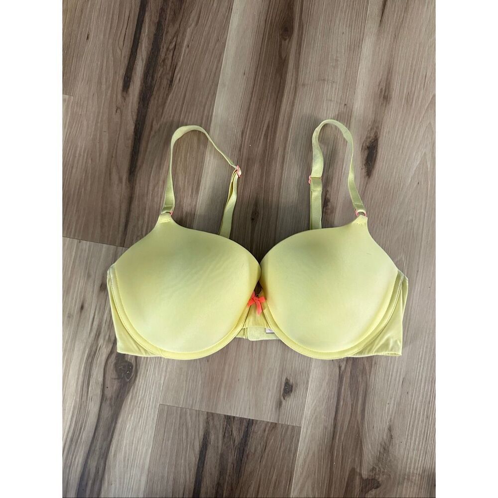 Victoria’s Secret yellow lined Demi 36DD pink accent bra